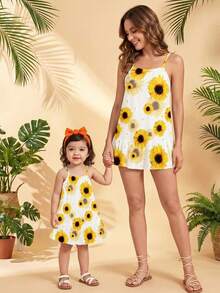 SHEIN 1pc Baby Girl6 Months - 2-3 Years) Sunflower Print Sleeveless Dress, Lightweight Fabric, Fresh & Healing Children Dress, Suitable For Beach Vacation/Casual Wear, Summer - Multicolor - View 1