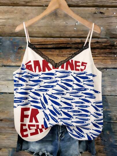 Voyazaga 2026年大码女装春夏新品：独特俏皮休闲百搭米白色蕾丝领沙丁鱼印花吊带背心，完美搭配春夏装束