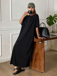 DAZY Women's Round Neck Short Sleeve Loose Long Casual Dress - Black - View 6