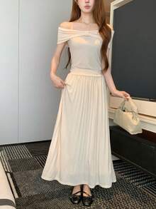DAZY Women's French Style 2-Piece Set, Knotted Off-Shoulder Knit Top And High-Waist Skirt, Spring/Summer - Apricot - View 5