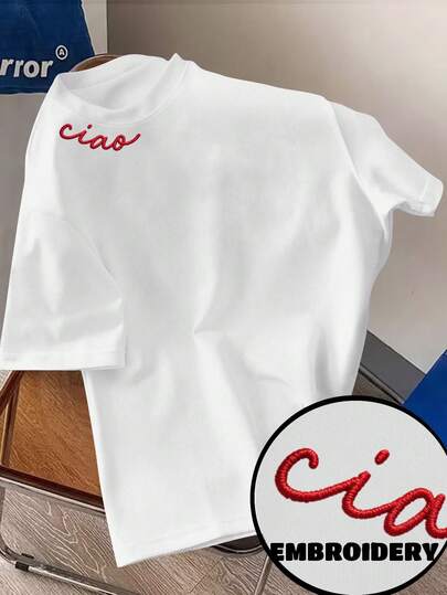 Claim Dot 오버사이즈 니치 디자인, 미니멀리스트 스타일 업그레이드, 레드 "Ciao" 레터 자수 칼라, 캐주얼 남성 반팔 티셔츠, 남성 셔츠, 여성 셔츠