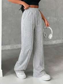 SHEIN Tall Pantalones anchos de algodón con cintura con cordón - Gris - Ver 4