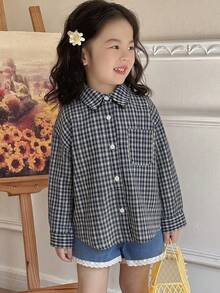 Hapijoa Girls (Small) Summer Plaid Casual Korean Style Long Sleeve Fresh And Sweet Shirt - Blue - View 6