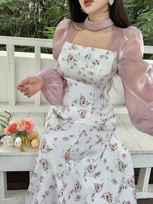 少女甜美气质修身贴身白色碎花吊领拼接薄纱泡泡袖收腰长款仙女风连衣裙，温柔气质公主长袖连衣裙长裙 - 彩色 - 查看 1