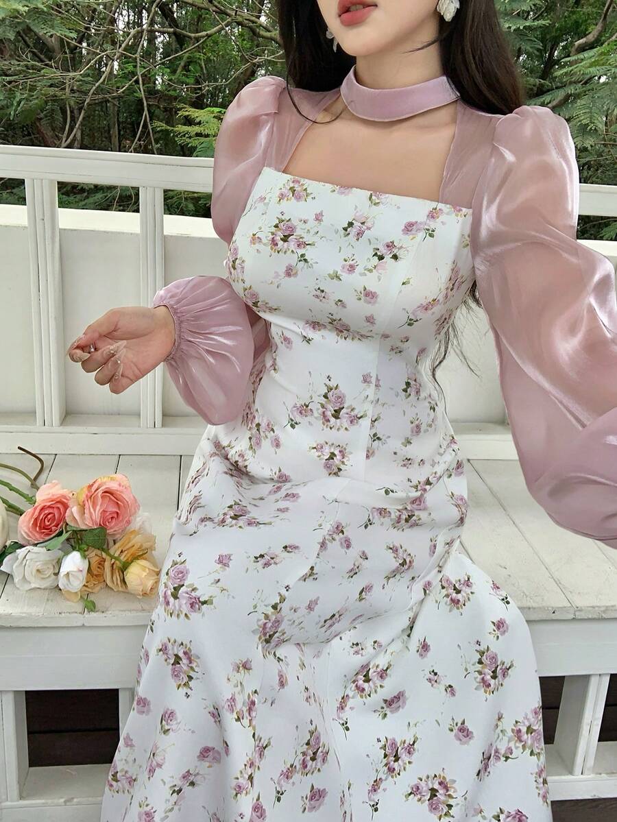 少女甜美气质修身贴身白色碎花吊领拼接薄纱泡泡袖收腰长款仙女风连衣裙，温柔气质公主长袖连衣裙长裙 - 彩色 - 查看 1
