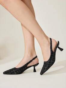 CUCCOO CHICEST Zapatos de tacón de punta fina con estampado de cuadros elegantes para mujer - Negro - Ver 4