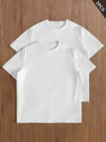 Manfinity Hypemode 2pcs Men's Solid Color Round Neck Short Sleeve T-Shirt Plain Tees - White - View 3