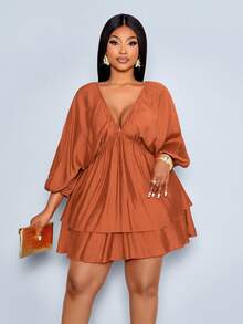 SOLERSUN Vestido casual de vacaciones para mujer de talla grande, unicolor con cuello en V, dobladillo de doble capa, vestido para festival de música, vestido de vacaciones, vestido de uso diario, vestido de Pascua, vestido mini naranja marrón, vacaciones en la playa, festival de música, vacaciones de lujo tranquilo, primavera y verano - Marrón - Ver 5