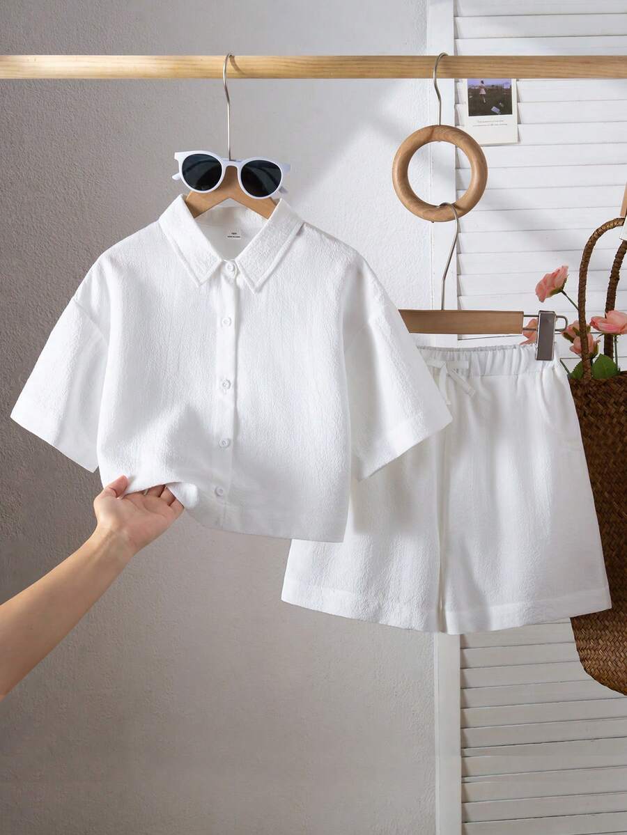 SHEIN Sparklyn 少女休闲街头风，适合度假、外出和上学，INS网红风白衬衫短裤套装 - 白色 - 查看 1