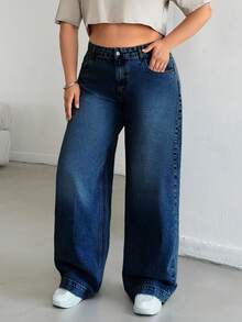EURMUSE WOMEN HIGH WAISTWIDELEG CUTLINE PLUS SIZE JEAN - Royal Blue - View 2