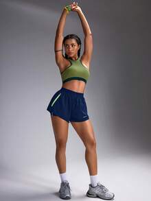 Powerista Quần short thể thao hai lớp dành cho nữ, cạp chun, có khóa kéo và túi. - Màu xanh hải quân - Xem 5