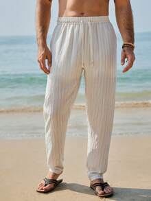 Manfinity RSRT Men's Casual Striped Print Drawstring Waist Pants, Versatile For Vacation, Daily Commute - Beige - View 1