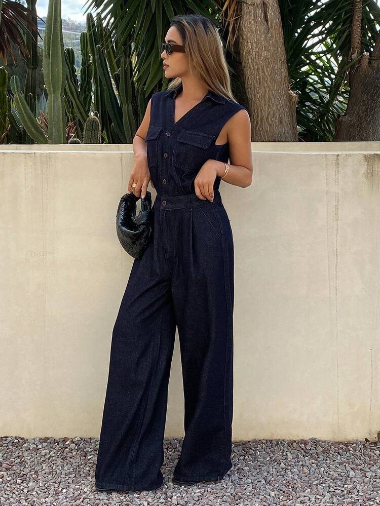 Women's V-Neck Sleeveless Waist Cinched Loose Straight Leg Washed Denim Jumpsuit, Casual City Style Vacation
