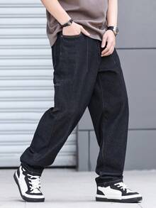 Manfinity Hypemode Stylish Men's Dark Wash Tapered Denim Jeans Casual Plain Zipper Long Pants - Dark Wash - View 8