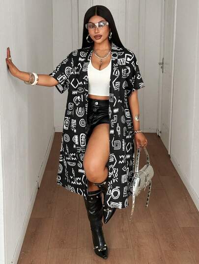 Maweii 大码女式夏季休闲度假短袖开襟印花口袋外套，黑白配色