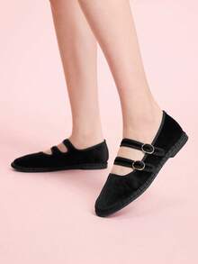 CUCCOO DOLLMOD Women's Shoes Classic Black Double Striped Velvet Flats - Black - View 3