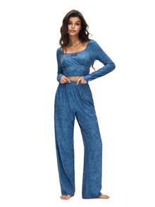 女士舒适字母拼接露脐上衣和长裤家居服套装，秋季 - 藍色 - 查看 4