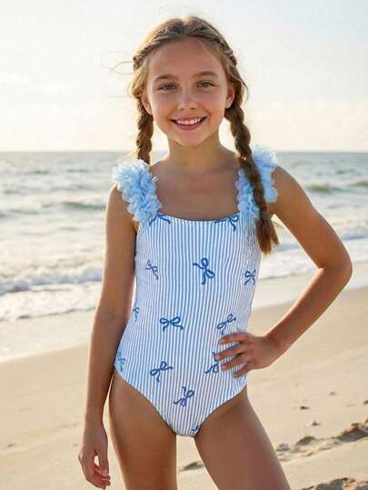 SHEIN Tween Girls' Cute Pink Floral Striped Bow Decor One-Piece Swimsuit, Summer