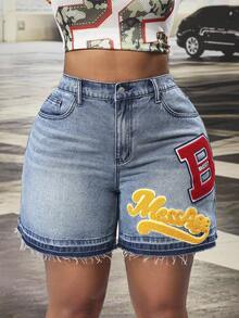 Slaydiva Quần short denim không co giãn dành cho nữ cỡ lớn, kiểu dáng retro Mỹ, họa tiết thêu chữ nhiều màu sắc, ống quần thẳng. - Rửa trung bình - Xem 3