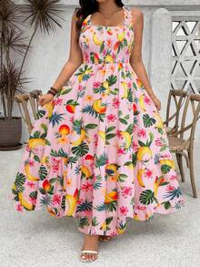 Franclia Đầm maxi dáng chữ A, dây mảnh, có thể điều chỉnh vòng ngực, in hoa, viền bèo nhún, dành cho nữ, cỡ lớn. - Nhiều màu - Xem 1