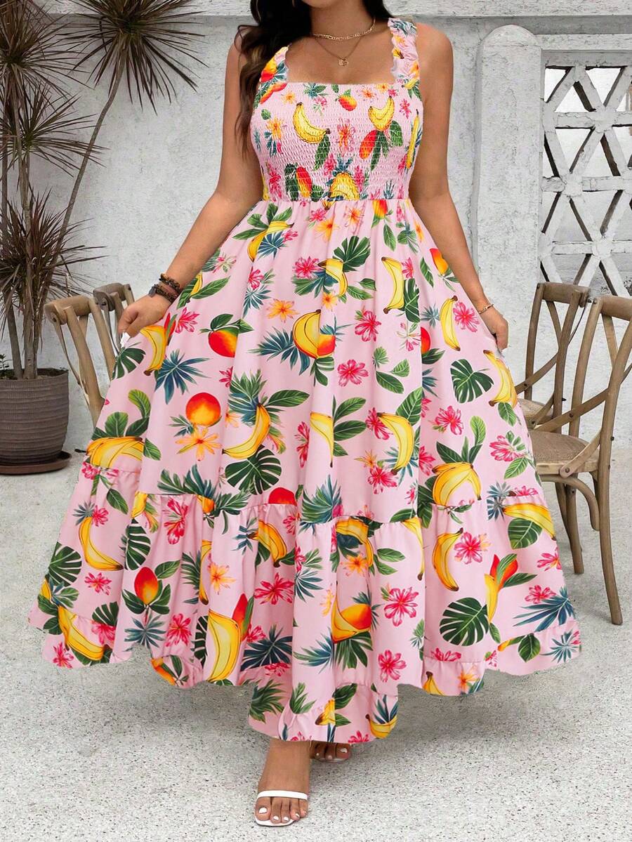 Franclia Đầm maxi dáng chữ A, dây mảnh, có thể điều chỉnh vòng ngực, in hoa, viền bèo nhún, dành cho nữ, cỡ lớn. - Nhiều màu - Xem 1