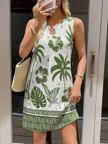 Sylviya Women's Casual Coconut Tree & Butterfly Print Mini Dress, Suitable For Vacation & Daily Wear Summer For Women Summer Dresses, Beach For Women Beach Dresses For Women Vacation Women Vacation Dresses, Beach Vacation For Women Casual Dresses For Women Floral Dresses For Women, Green Dresses For Women Summer Beach Tropical Dress Hawaii Dress Women Summer Casual Dress Palm Tree Dress - Multicolor - View 5