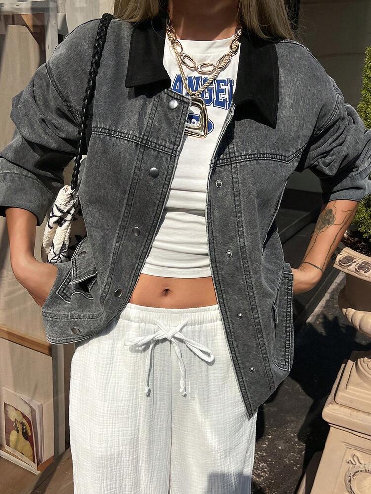 Women's Contrast Color Lapel Loose Oversized Pockets Decor Street Casual Denim Jacket And Coat