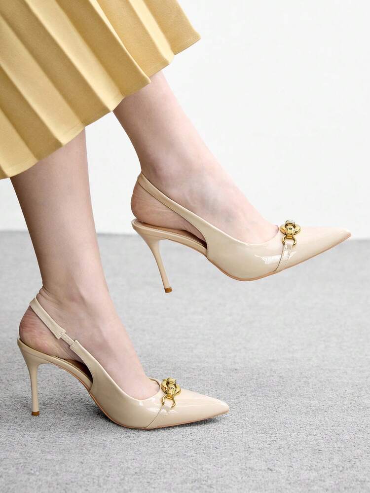 CUCCOO BIZCHIC Women Shoes Spring Summer Metal Buckle Pointed Stitch Heel 9cm Glossy Patent Leather Solid Color Women's High Heel Shoes Commuter Dating Daily Party Spring Shoes