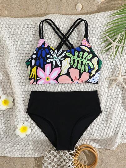 SHEIN Tween Girls' Bikini Swimwear, Cross Strap Ribbed Swimwear, Neon Color Tankini For Spring/Summer Girls Two Piece Swimsuit Tween Two Piece Swimsuit Black And Floral Bikini Girls Bathing Suit Tweens Bathing Suit Cropped High Waisted Black Bikini Flower Print Swimsuit Girls High Waisted Floral Swimsuit Swimsuits For Teen Girls Black