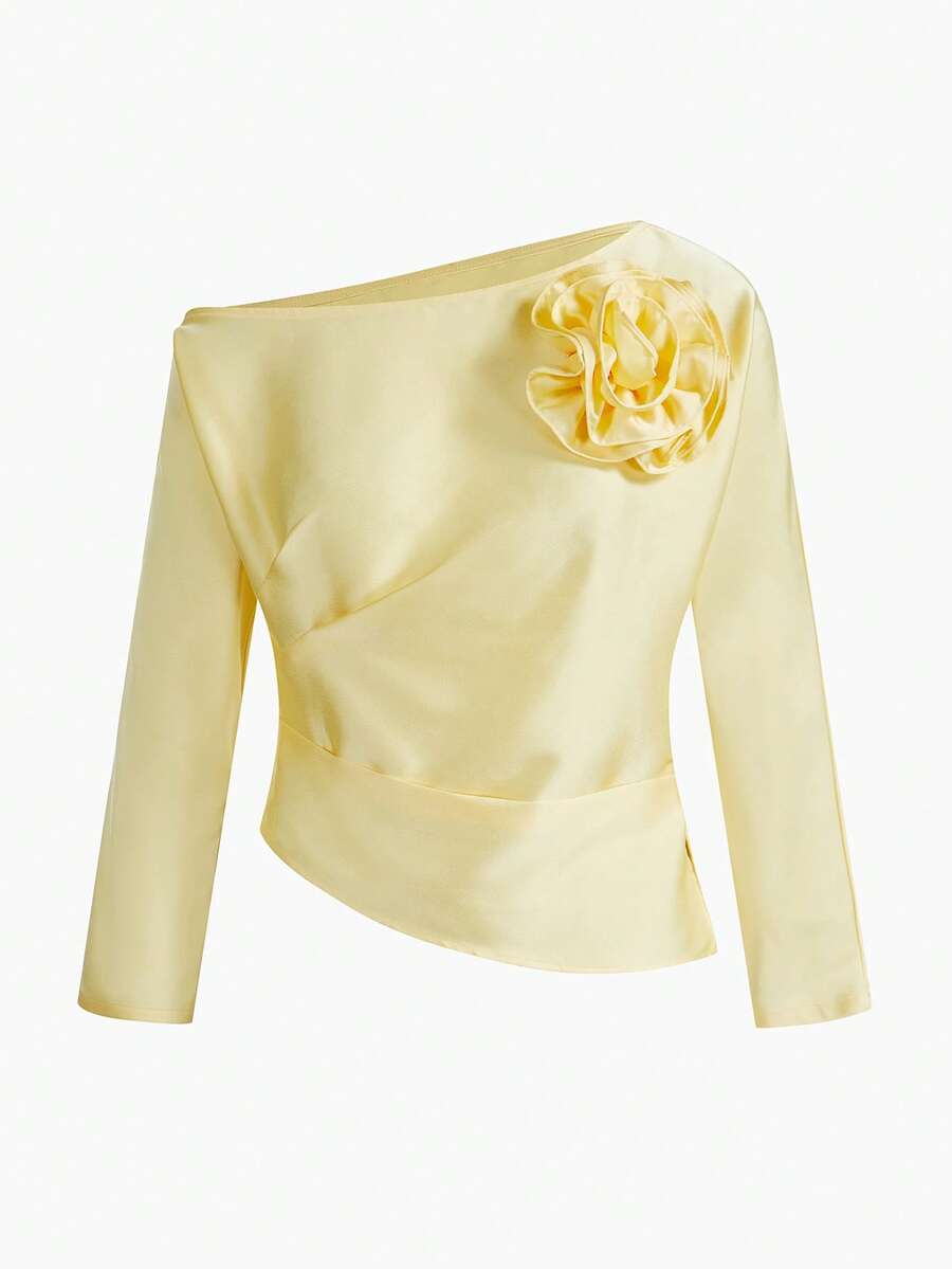 ZEYLAH 立体花卉不对称下摆衬衫,情人节 - 黃色 - 查看 1