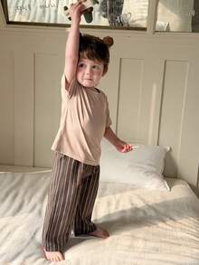 DAZY Toddler Boys' Crew Neck Contrast Stripe Comfortable 2 Pieces Pajama Set - Apricot - View 12