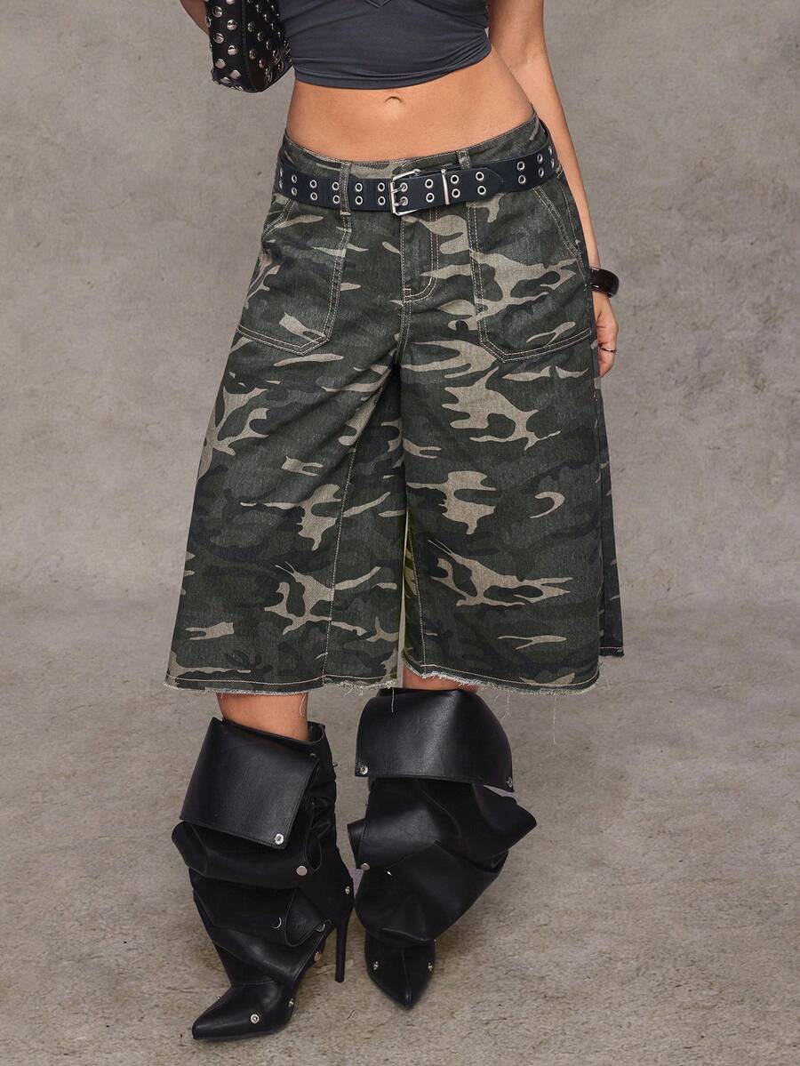 Jeanoix Y2K Women's Fashion Casual Camouflage Wide Leg Distressed 7/8 Length Jeans - Multicolor - View 1