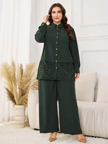 Lacomfia Plus Size Simple Casual Solid Color Long Sleeve Shirt With Ruffle Hem Decor & Elastic Waist Wide Leg Pants 2 Pieces Set, Spring/Autumn Fall - Green - View 4