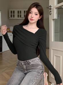 DAZY Solid Asymmetrical Neck Slim Tee,Fall Clothes Long Sleeve Women Tops - Black - View 5