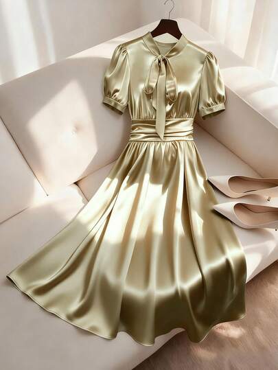 Franclia 女士缎面长袖连衣裙，舒适收腰设计，优雅时尚，适合约会、日常穿着、度假、春秋季穿着。