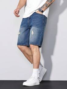 Manfinity Homme 男士复古牛仔短裤，修身直筒款，夏季 - 中等水洗藍 - 查看 4