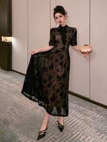 Joudiya 春夏亮片缎带领黑色连衣裙，花卉蕾丝印花，优雅适合情人节、婚礼、派对、正式场合，时尚百搭，收腰设计，长袖，薄纱面料，中长款女装 - 黑色 - 查看 6