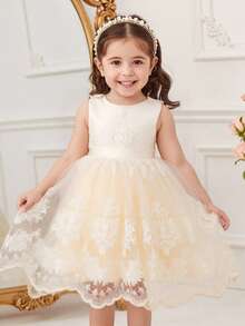 SHEIN Glamorique Kids Vestido de princesa para niñas, fiesta de cumpleaños, boda, fiesta, vestido de gala, decoración con lazo, malla bordada color albaricoque, para todas las estaciones, les hace verse talla grande lindas y juguetones, escenario, actuación, Oriente Medio, Europa - Albaricoque - Ver 7