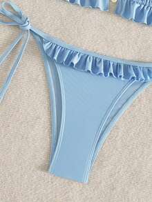 Swim Mod Swim Suits For Women Women's Summer Beach Solid Color Ruffle Trim Halter Neck Tie Two Pieces Bikini Set - Blue - View 6