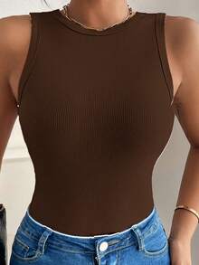 SHEIN VCAY Áo ba lỗ không tay đơn giản cỡ lớn cho nữ - Cà phê nâu - Xem 3