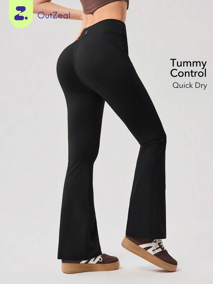 OutZeal 女士运动黑色紧身裤 普拉提休闲速干收腹内置内裤喇叭裤腿运动裤 - 黑色 - 查看 1