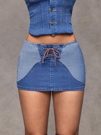 Jeanoix Women's Y2K Casual Vacation & Commute Tie-Up Low Waist Fitted Denim Mini Skirt, Summer