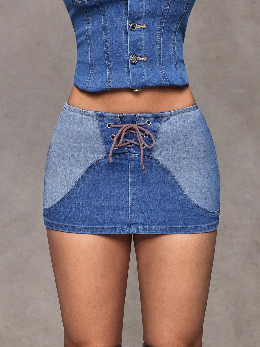 Jeanoix Women's Y2K Casual Vacation & Commute Tie-Up Low Waist Fitted Denim Mini Skirt, Summer - Multicolor - View 1