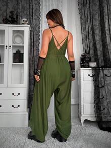 Whyspr Spring/Summer New Dark Gothic Textured Drapey V-Neck Jumpsuit With Ruffle Design, Tie-Up Waist, Pleated Slimming Pants - Dark Green - View 2