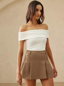 Aveloria Rosie New Stylish Design Casual Commute Mid-Waist Solid Color Pleated Skirt Shorts - Brown - View 5