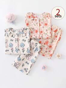 4pcs/Set Young Girl' Ditsy Floral Ruffle Collar Cardigan & Pants Set - Multicolor - View 1