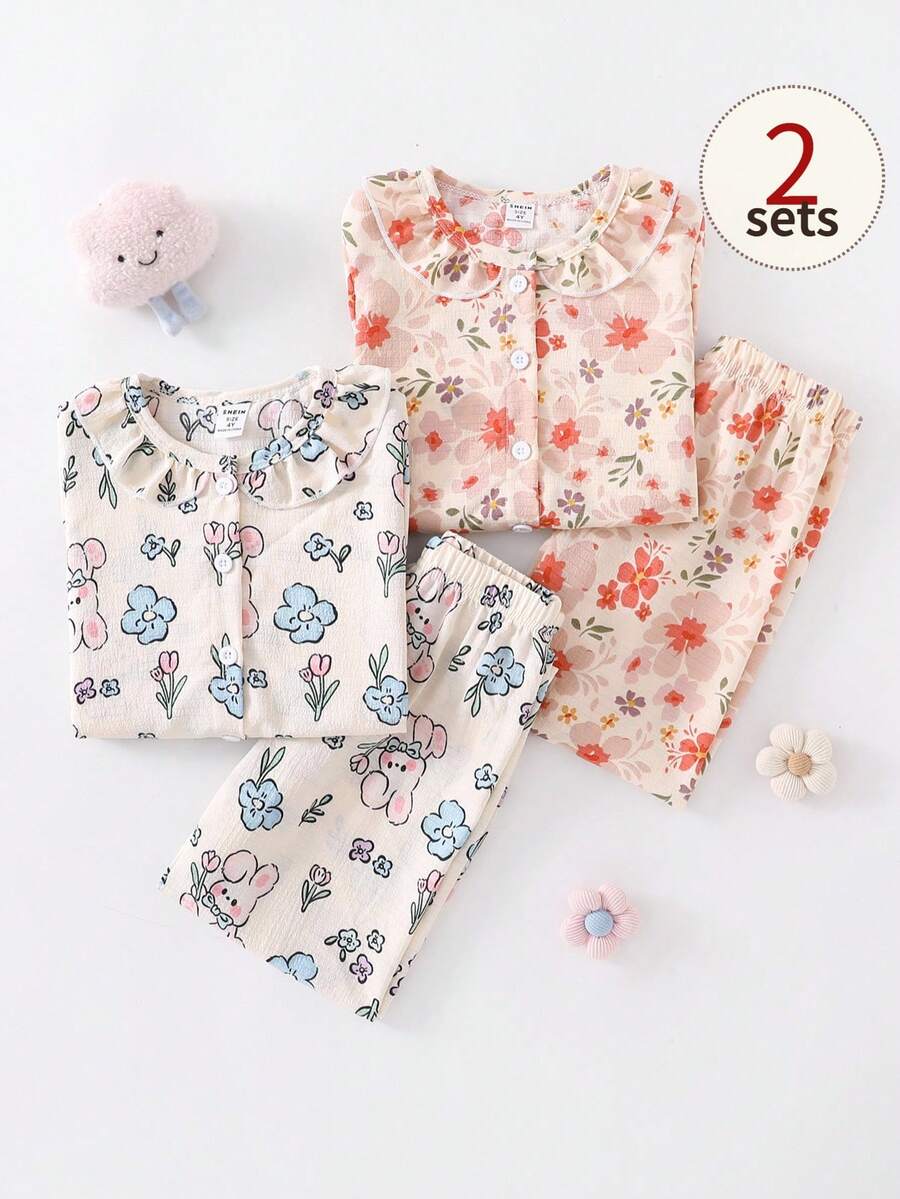 4pcs/Set Young Girl' Ditsy Floral Ruffle Collar Cardigan & Pants Set - Multicolor - View 1