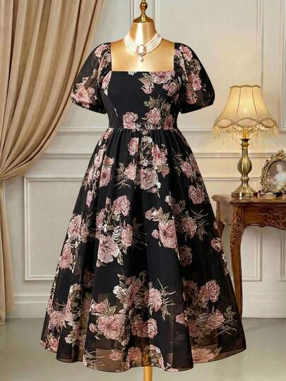Rometta Women's Elegant Floral Print Square Neck Petal Sleeve Dress