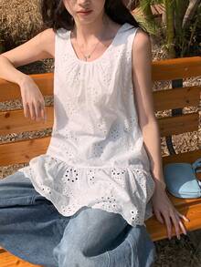 DAZY 女士圆领无袖蕾丝面料休闲套头衫夏季 - 白色 - 查看 3