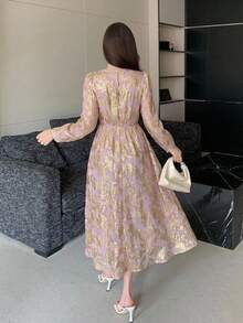 DAZY Women's Elegant Floral Print Round Neck Puff Sleeve Long Dress, Spring/Summer Wedding Guest Dress - Pink - View 5